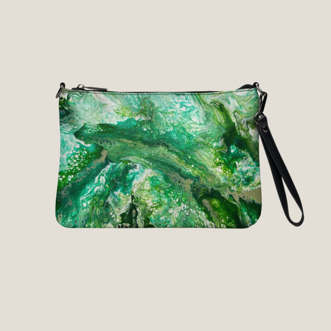 GLASARI Art Cross-Body Bag in Forest Haze, an emerald and sage green marbled artwork, with wrist strap