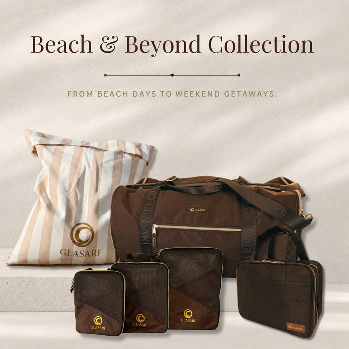 GLASARI Beach & Beyond Collection bundle: Retreat Duffle, On-The-Glow Cosmetic Case, Compressi-Cubes and Beach Buddy Vault