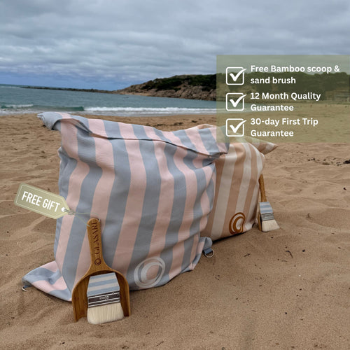 GLASARI Beach Buddy Vault in Blue Horizon stripe and Coastal Sand stripe with free bamboo scoop and sand brush, 12-month quality guarantee and 30-day First Trip Guarantee