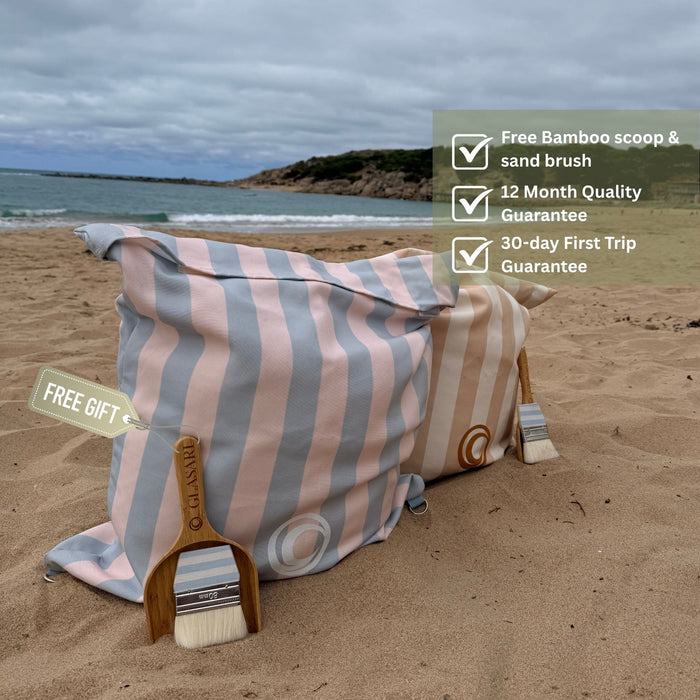 GLASARI Beach Buddy Vault in Blue Horizon stripe and Coastal Sand stripe with free bamboo scoop and sand brush, 12-month quality guarantee and 30-day First Trip Guarantee