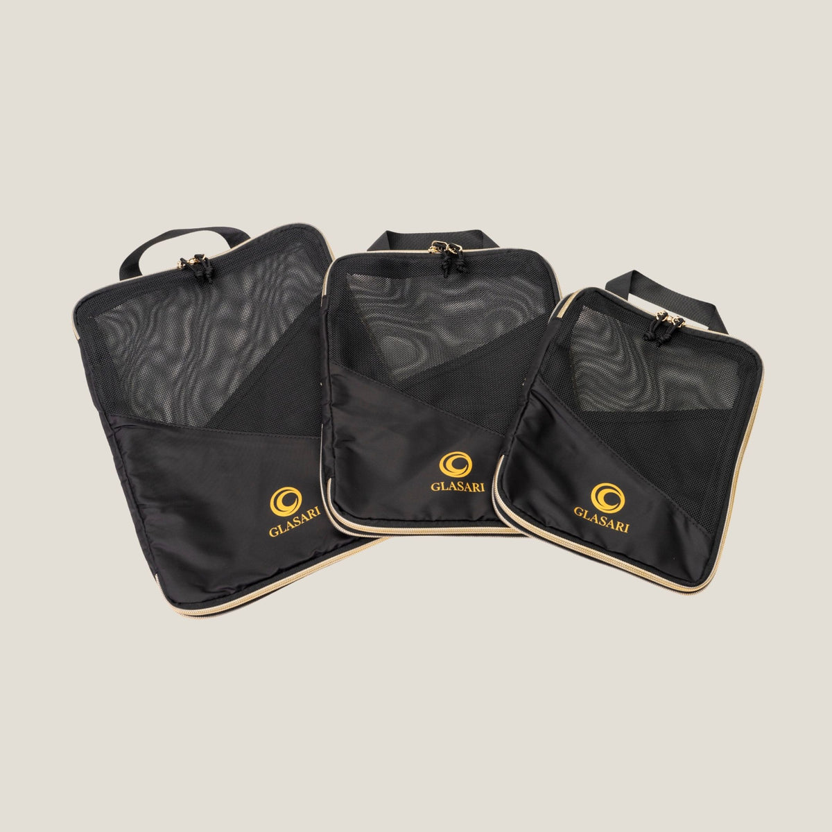 GLASARI Compressi-Cubes in Classic Black, set of three sizes with mesh tops and gold GLASARI logos