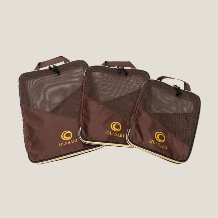 GLASARI Compressi-Cubes in Cocoa Drift, set of three sizes with mesh tops and gold GLASARI logos