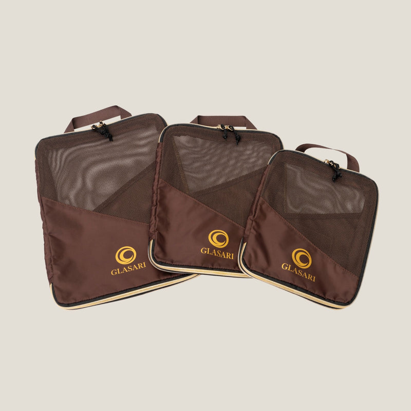GLASARI Compressi-Cubes in Cocoa Drift, set of three sizes with mesh tops and gold GLASARI logos