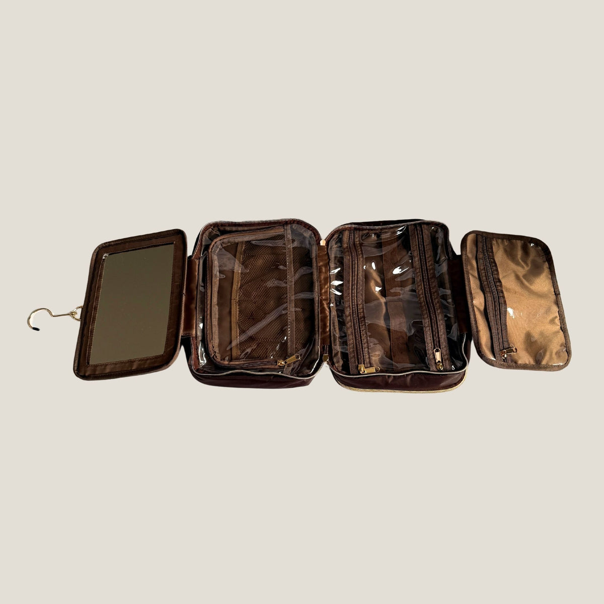 GLASARI On-The-Glow Cosmetic Case in Cocoa Drift unfolded flat, showing the mirror, four zip compartments and hanging hook