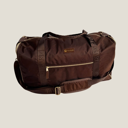 GLASARI Retreat Duffle in Cocoa Drift with detachable logo strap and shoulder pad