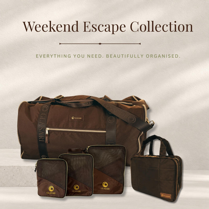 GLASARI Weekend Escape Collection bundle: Retreat Duffle, On-The-Glow Cosmetic Case and Compressi-Cubes