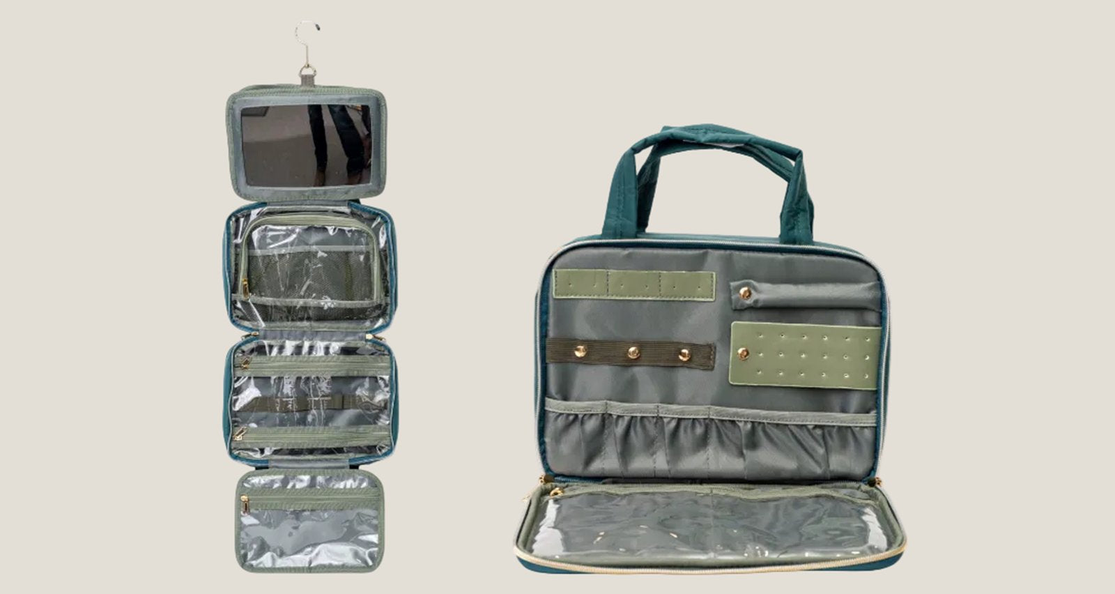 The On-The-Glow Cosmetic Case hanging open with its mirror and clear-view pockets, beside the open case showing the jewellery section
